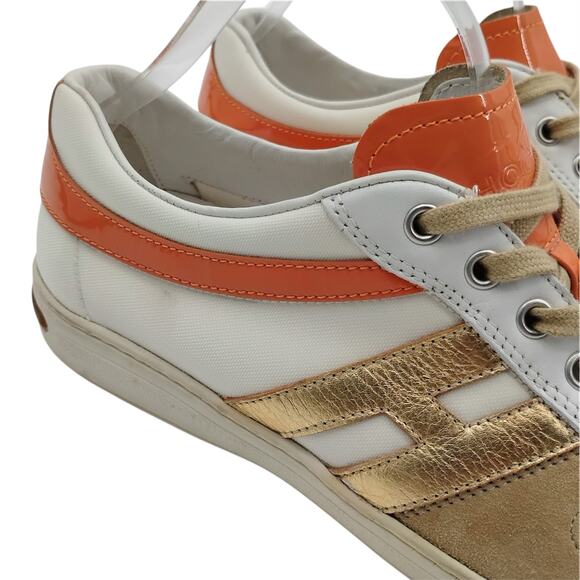 Hogan Womens Size 10 Logo Sneakers Trainers Orange Gold Tan Patent Leather Suede - Picture 2 of 11